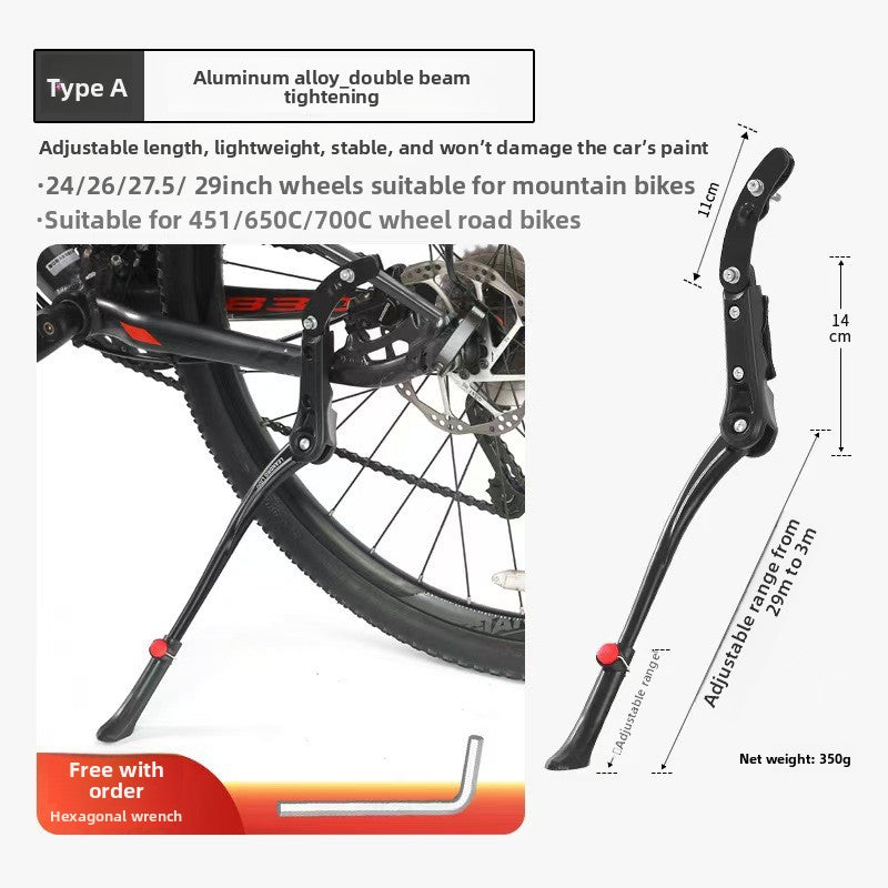 Adjustable Bicycle Side Kickstand Aluminum Alloy Steel Bike Parking Stand for 24-29 Inch Mountain Road Bikes