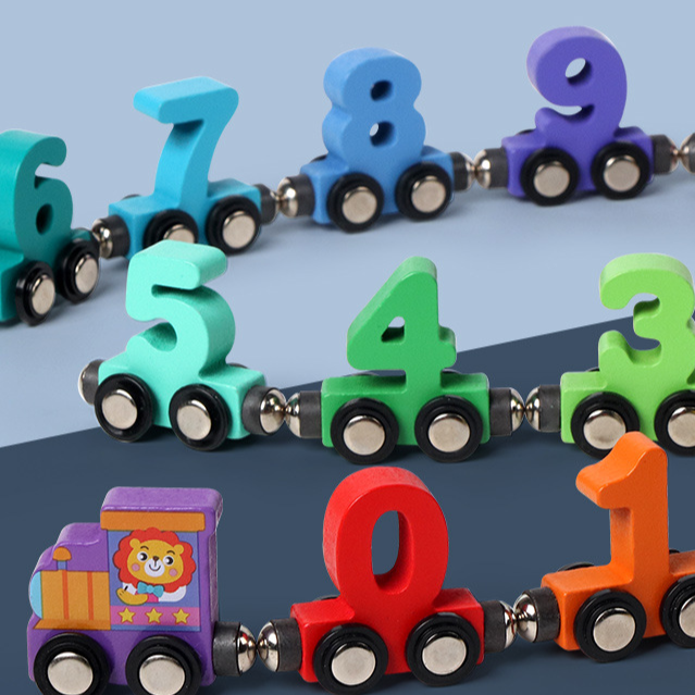 Children's wooden magnetic colorful digital small train