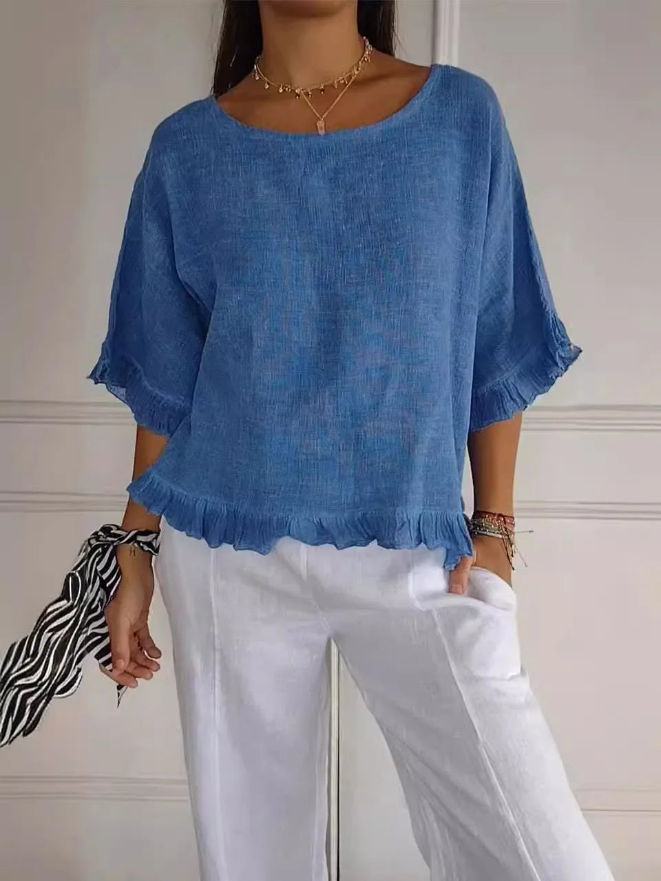 Blusa Casual de Algodão Manga Curta | Decote Redondo | Folgada | Verão