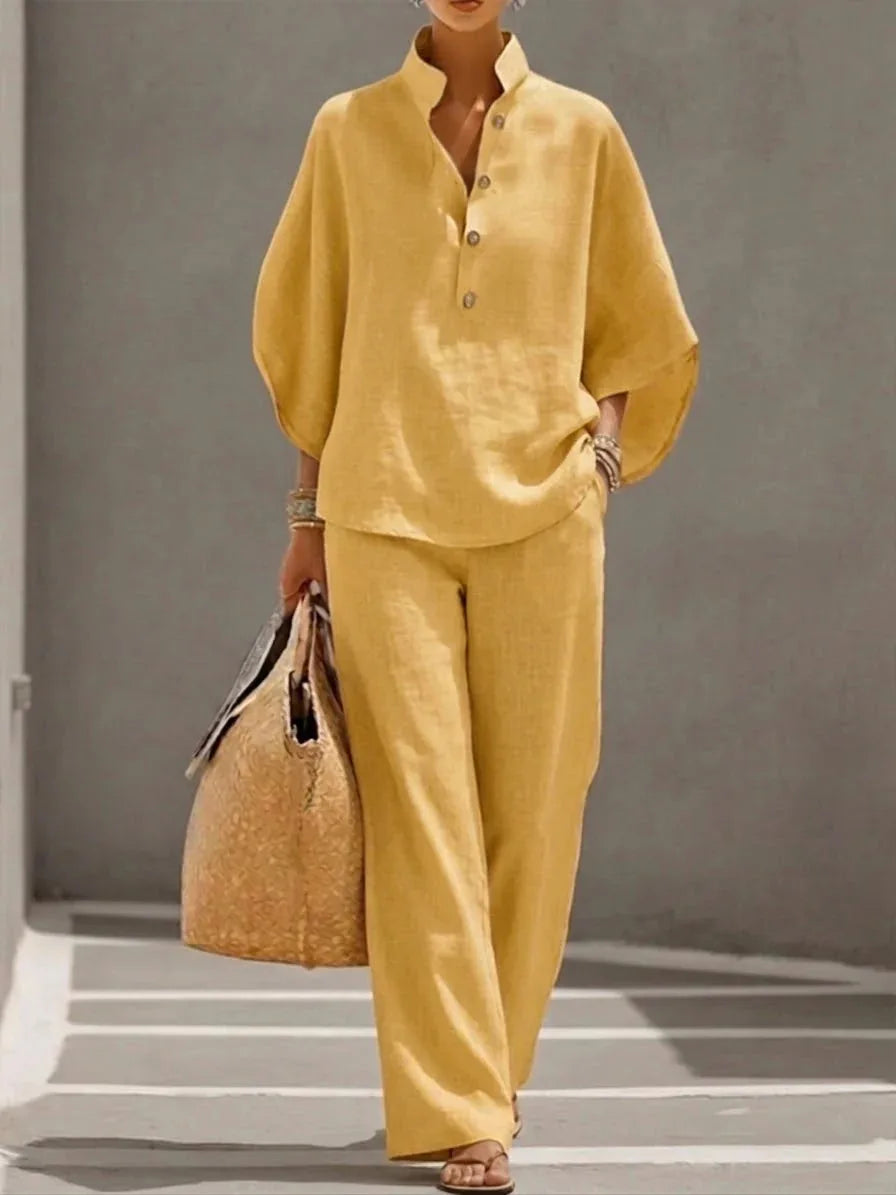 Conjunto 2 Peças em Algodão e Linho | Blusa + Calças | Office Casual