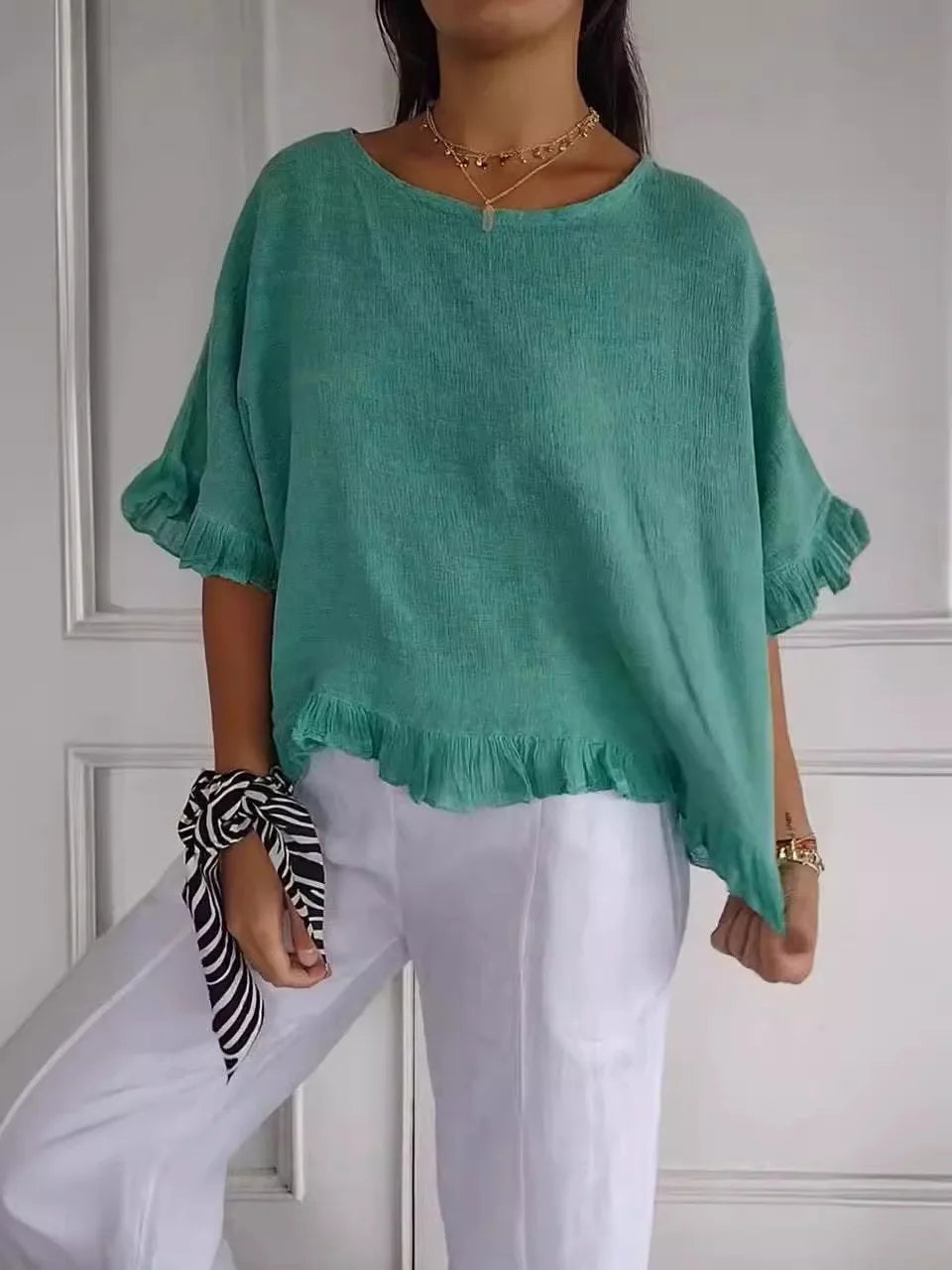 Blusa Casual de Algodão Manga Curta | Decote Redondo | Folgada | Verão