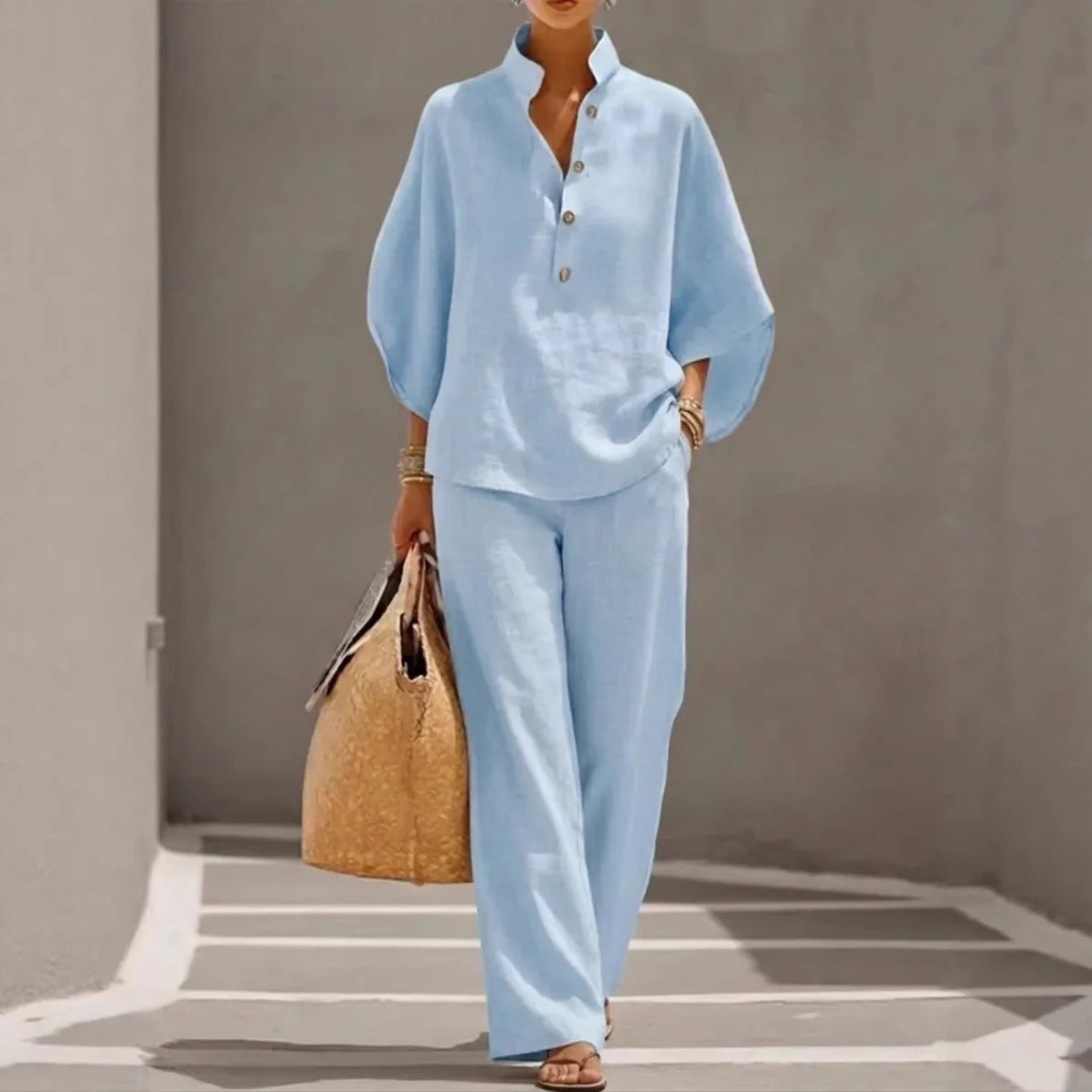 Conjunto 2 Peças em Algodão e Linho | Blusa + Calças | Office Casual