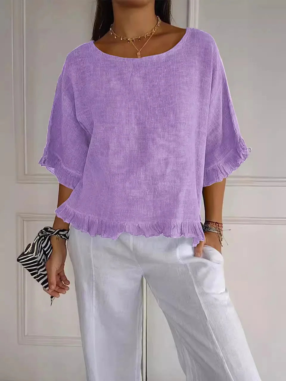 Blusa Casual de Algodão Manga Curta | Decote Redondo | Folgada | Verão