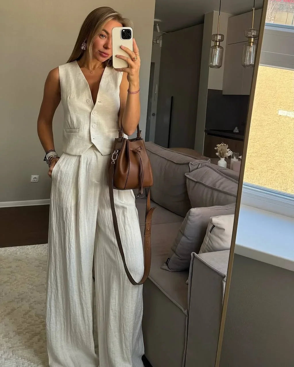 Conjunto 2 Peças: Colete Decote V + Calças Wide Leg em Linho | Office Casual