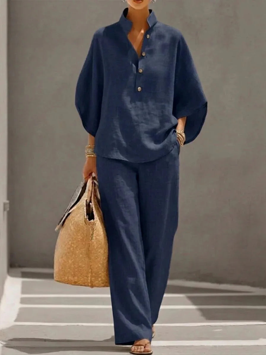 Conjunto 2 Peças em Algodão e Linho | Blusa + Calças | Office Casual