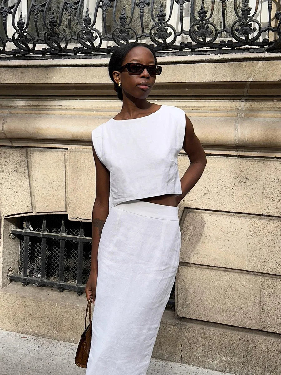 Conjunto 2 Peças: Colete + Saia Midi em Algodão e Linho | Office Lady