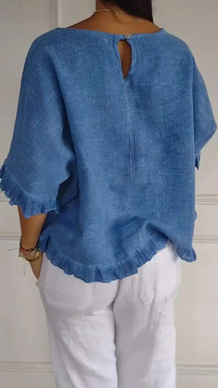Blusa Casual de Algodão Manga Curta | Decote Redondo | Folgada | Verão