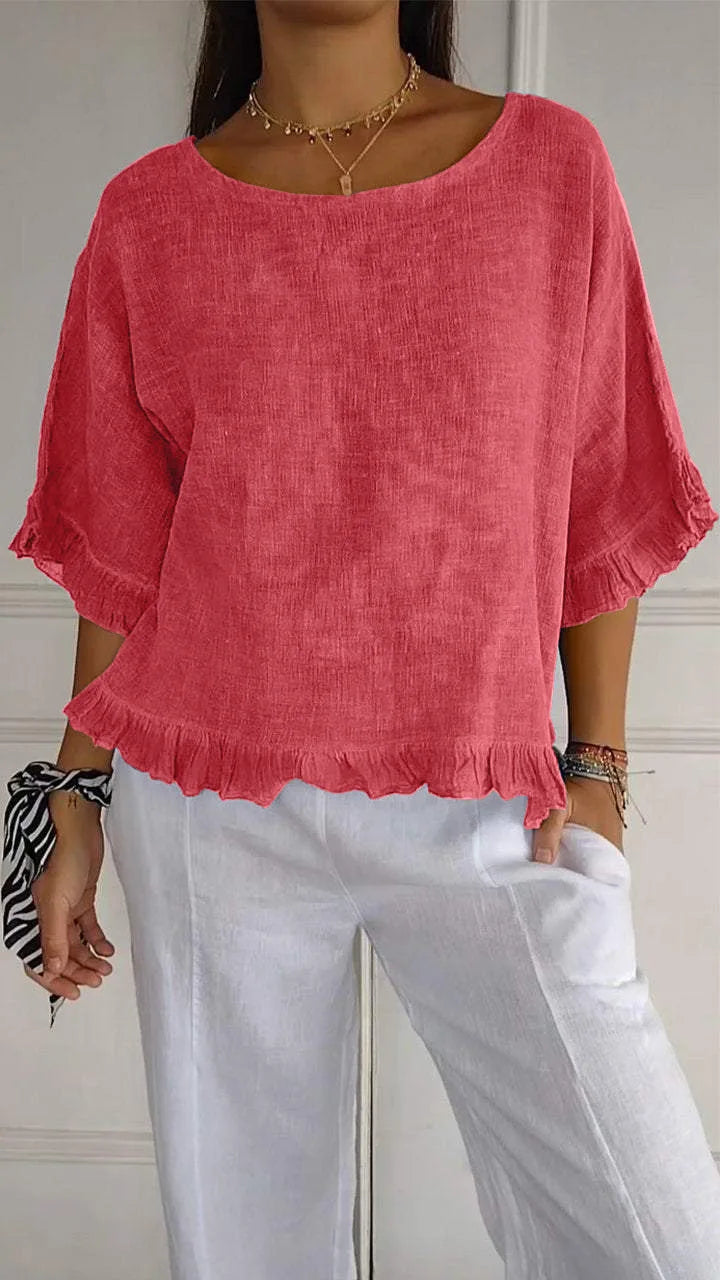Blusa Casual de Algodão Manga Curta | Decote Redondo | Folgada | Verão