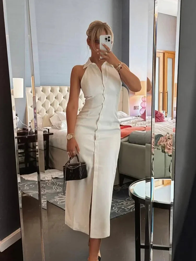 Vestido Midi de Verão em Algodão e Linho | Ombros à Mostra | Casual Elegante