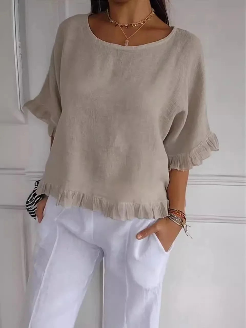 Blusa Casual de Algodão Manga Curta | Decote Redondo | Folgada | Verão