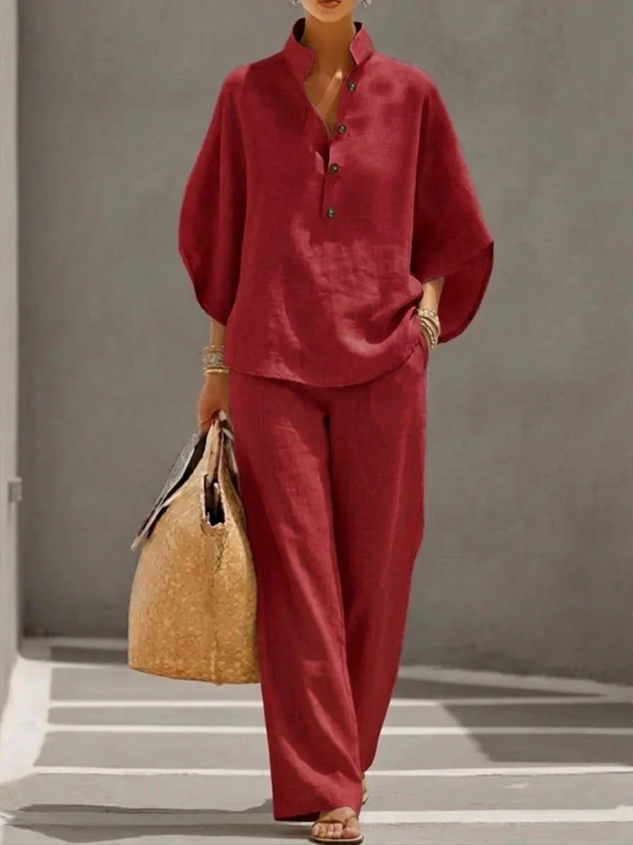 Conjunto 2 Peças em Algodão e Linho | Blusa + Calças | Office Casual