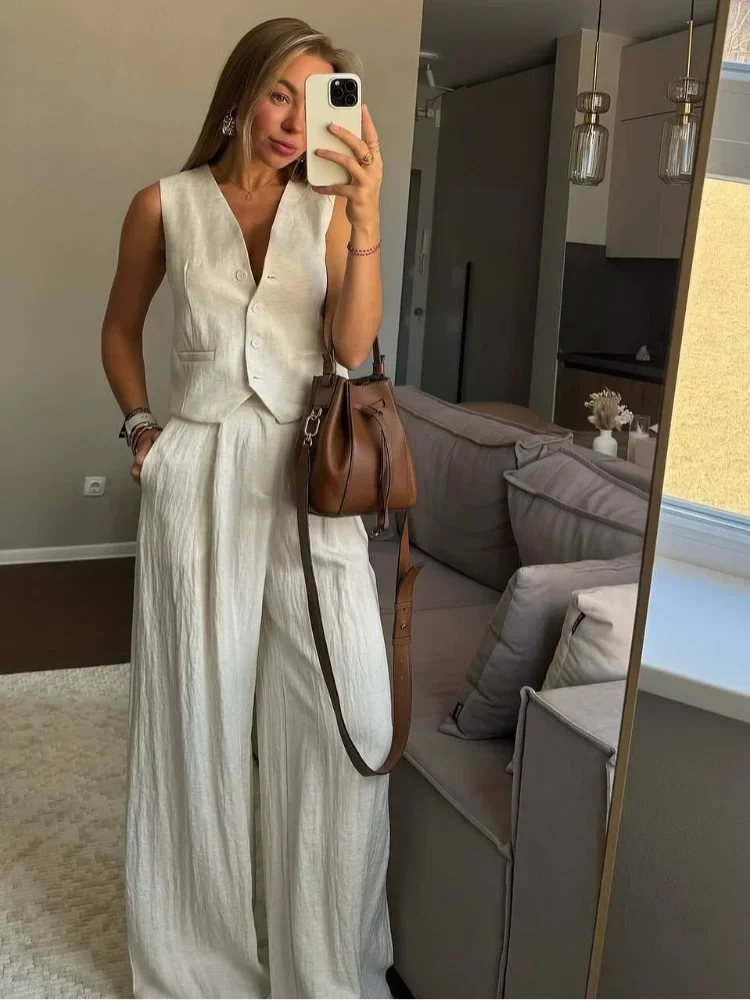Conjunto 2 Peças: Colete Decote V + Calças Wide Leg em Linho | Office Casual