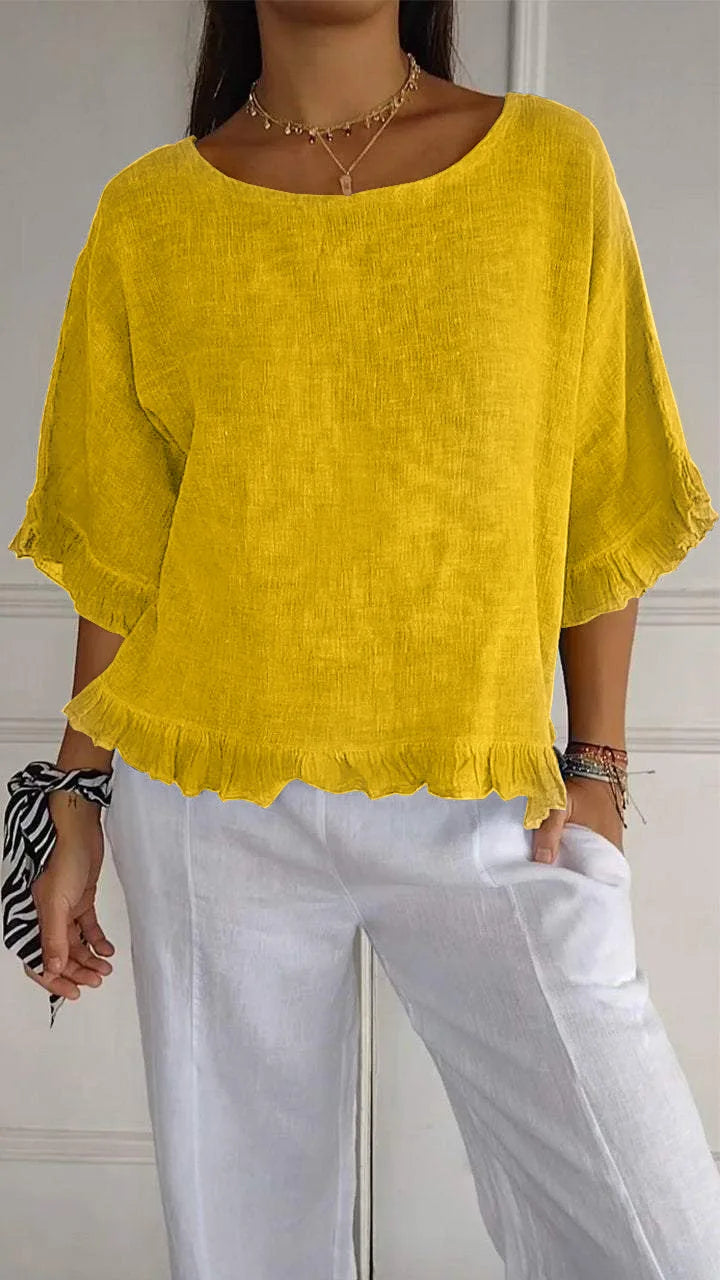 Blusa Casual de Algodão Manga Curta | Decote Redondo | Folgada | Verão