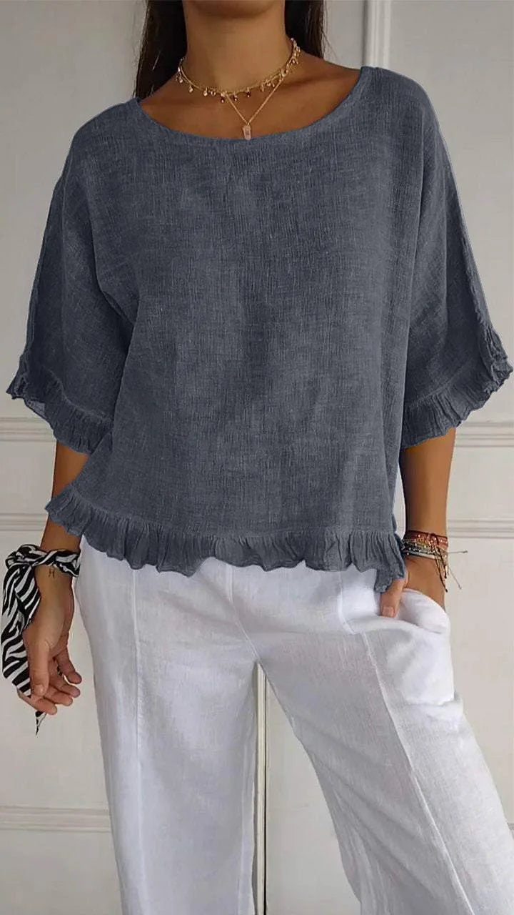 Blusa Casual de Algodão Manga Curta | Decote Redondo | Folgada | Verão