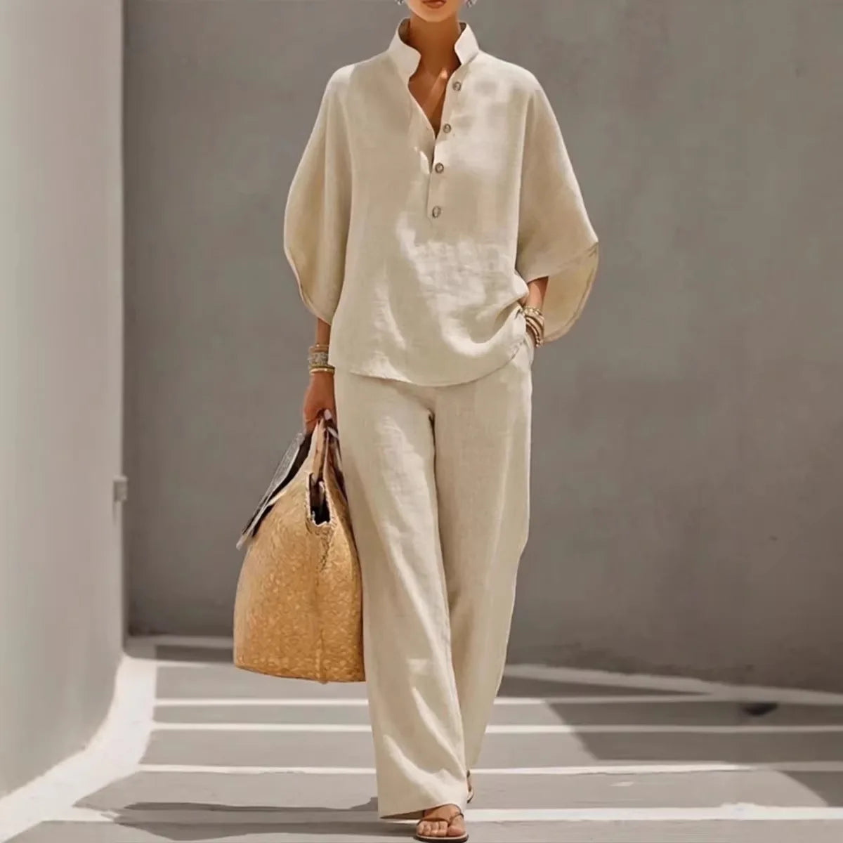 Conjunto 2 Peças em Algodão e Linho | Blusa + Calças | Office Casual