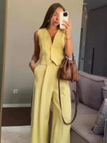 Conjunto 2 Peças: Colete Decote V + Calças Wide Leg em Linho | Office Casual