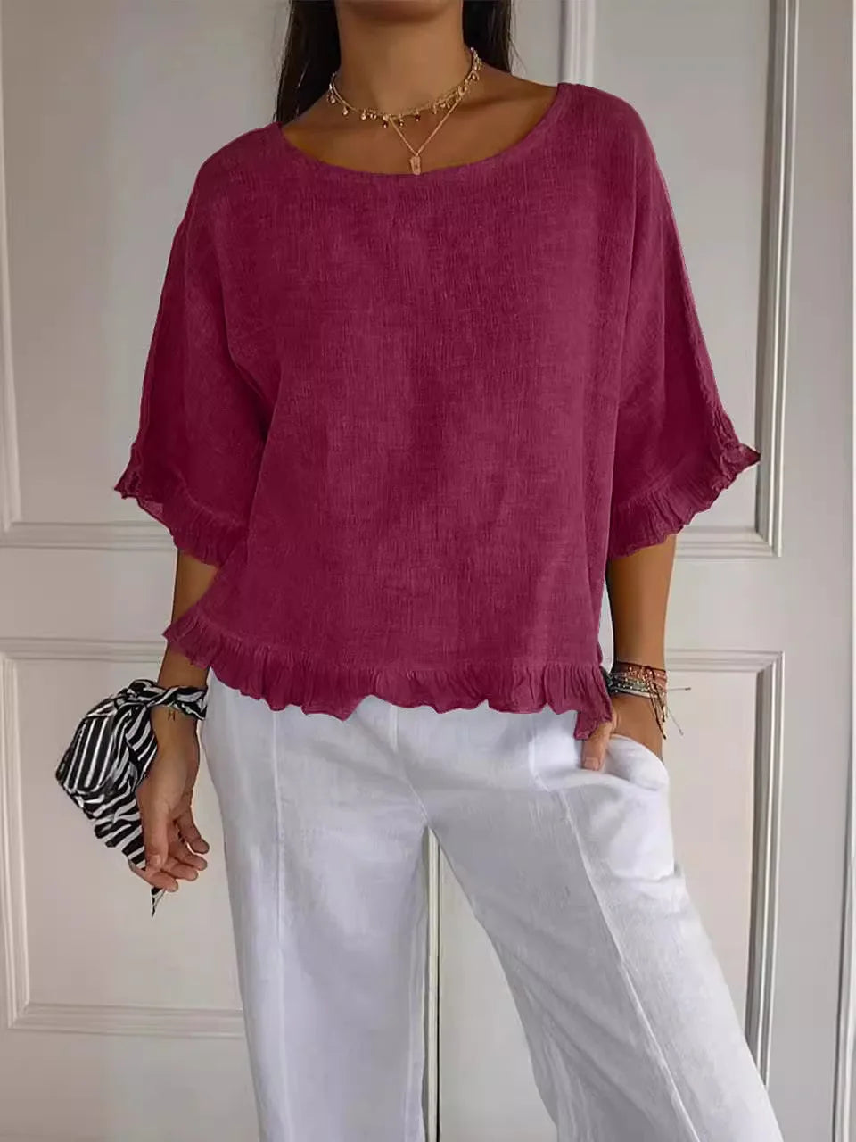 Blusa Casual de Algodão Manga Curta | Decote Redondo | Folgada | Verão