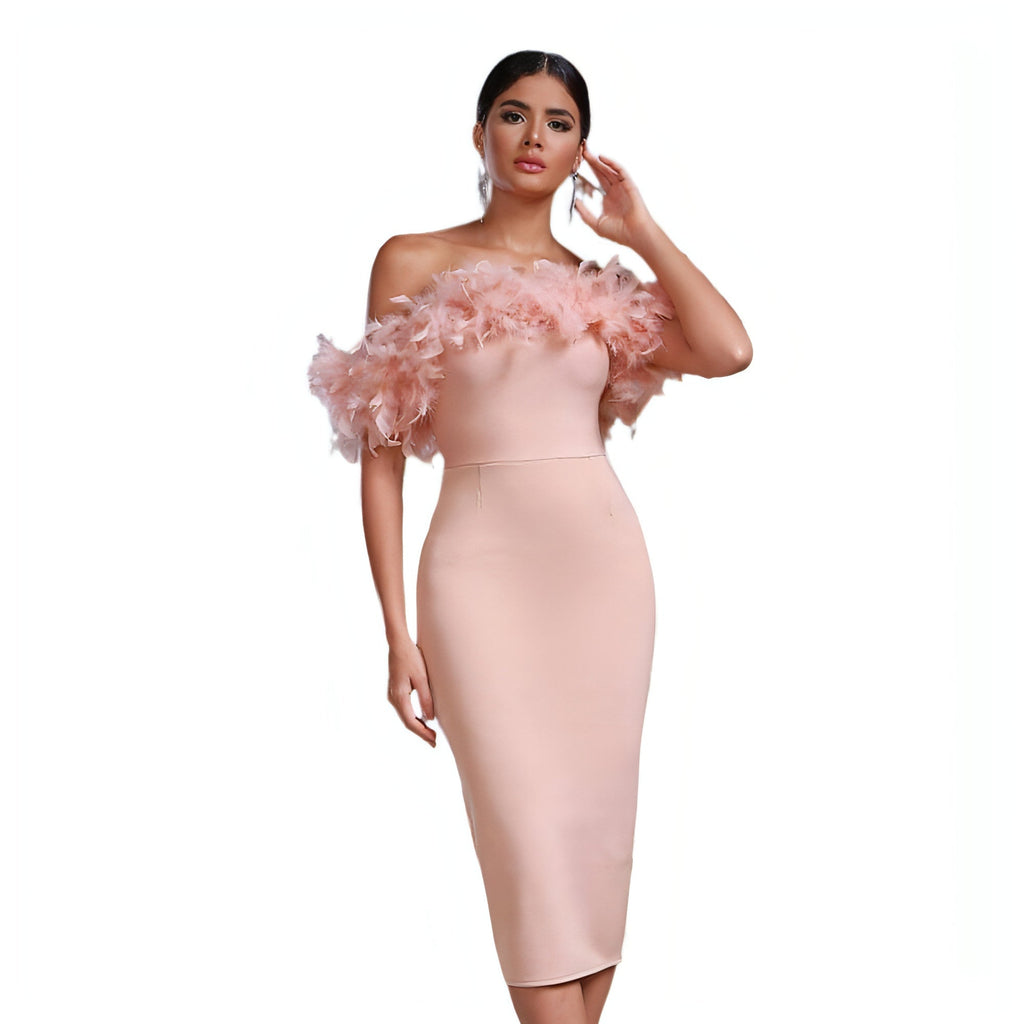 Vestido feminino com decote em V e detalhes em penas